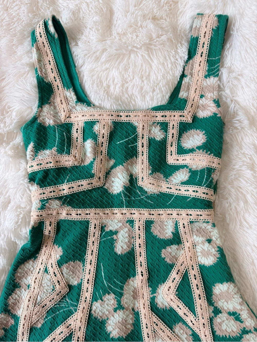 Anthropologie Maeve Green Floral Knit A-Line Dress with Cream Trim - Picture 2 of 4